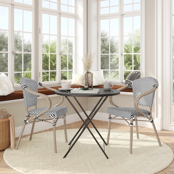 Flash Furniture Marseille French Bistro Stacking Chair w/Arms, Black/White Textilene and Bamboo Alum Frame, 2PK 2-SDA-ADS642108-BLKWH-LTNAT-GG - main